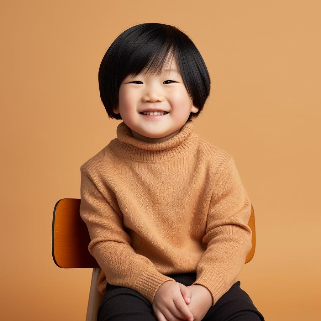 a small asian boy wearing a turtleneck with freckles on her face, sitting on a chair in a single color background studio, slightly smiling, 2020s