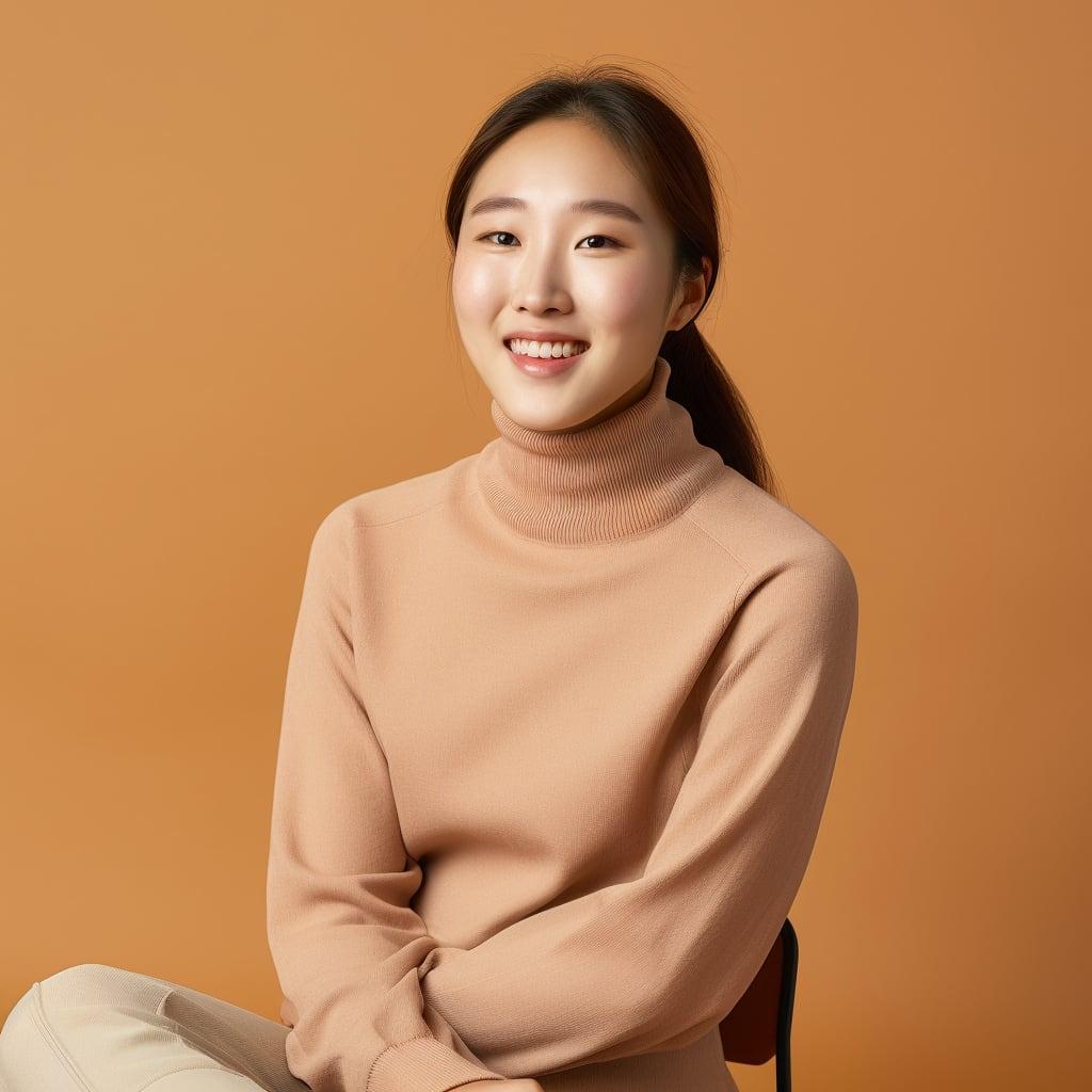 an adorable young korean woman in her 20s, wearing a turtleneck with freckles on her face, sitting on a chair in a single color background studio, slightly smiling, 2010s