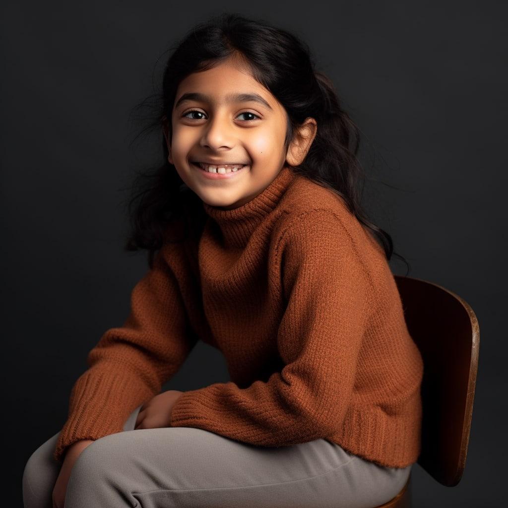 a small and beautiful indian girl wearing a turtleneck with freckles on her face, sitting on a chair in a single color background studio, slightly smiling, 2020s